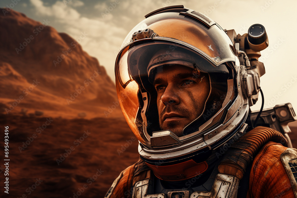 Fototapeta premium Astronaut wearing space suit walking on a surface of a red planet mars generative AI picture