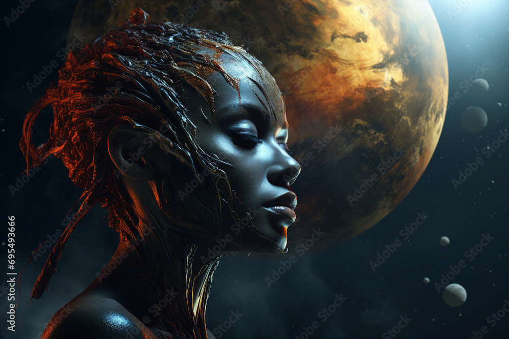 AI generated picture of fantasy person beautiful young woman outer space alien