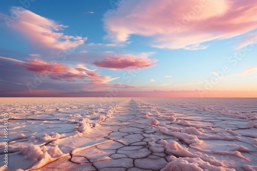  a view of a vast expanse of ice in the middle of a vast expanse of water under a cloudy blue sky with a pink and orange sunset in the background.