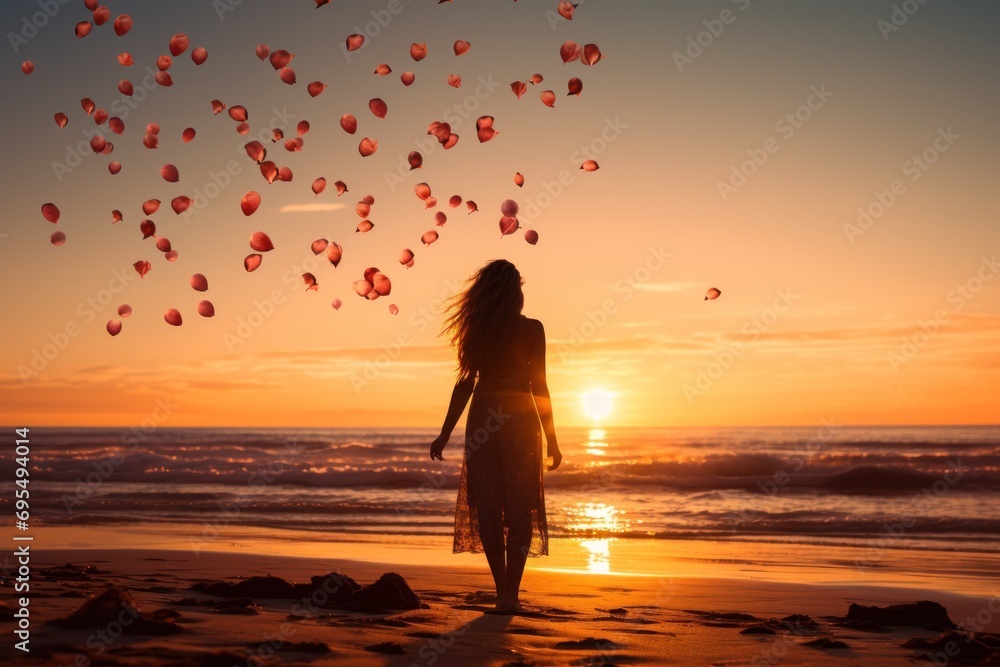  a woman standing on top of a sandy beach next to the ocean with balloons flying in the air above her and a sun setting in the sky above the ocean.