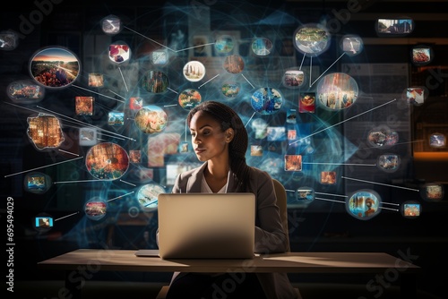 This impactful and realistic photo showcases the power of data-driven marketing strategies. An individual is seen immersed in analyzing data on a large screen, surrounded by charts, graphs, and statis photo
