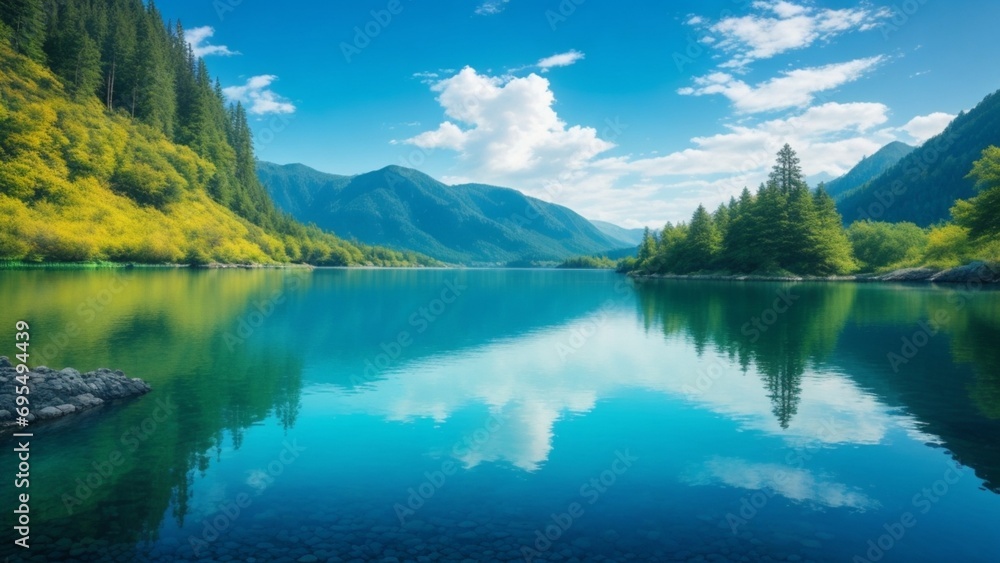 fresh and vibrant oasis a high-quality photo capturing calm waters, clear skies, and vibrant nature, presenting a peaceful view with a picturesque and colorful landscape