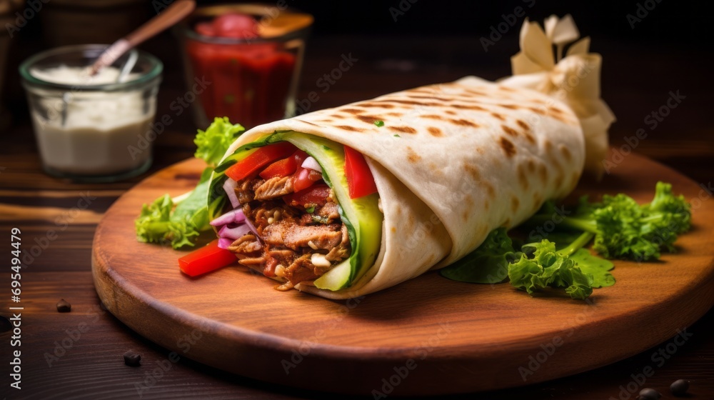 scrumptious chicken shawarma on wooden board: grilled pita, fresh veggies, and savory sauce in cafe setting scrumptious chicken shawarma on wooden board: grilled pita, fresh veggies, and savory sauce in cafe setting