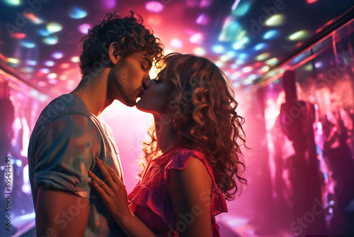 A man and a woman kissing in front of a neon background in disco club. Love and music concept.