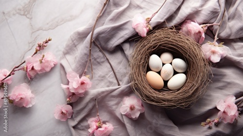 A nest filled with eggs sitting on top of a table. Easter background, monochromatic beige and pink color shades