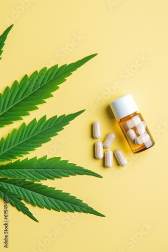 Botanical Medicine Mix: CBD Pills Adjacent to Cannabis Leaf