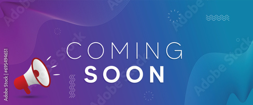 coming soon Promotion banner with megaphone neon glowing light vector poster