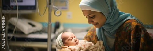 Banner. A young Muslim woman holding a newborn baby in her arms in a hospital room. Happy motherhood and love. Generative AI