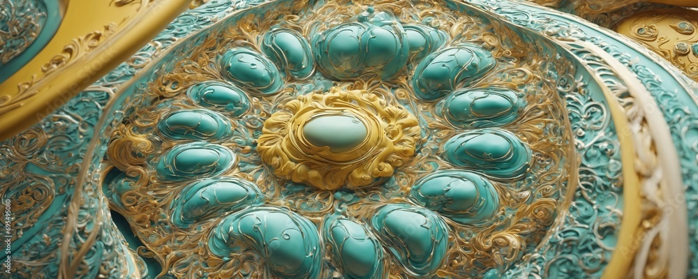 a close up of a gold and turquoise colored clock