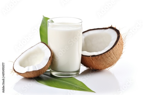A glass of coconut milk next to a half of a coconut.
