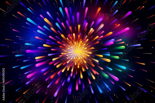 Colorful fireworks of various colors over night sky with clouds, celebration background