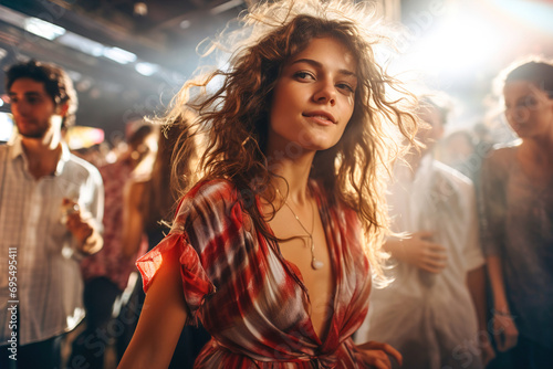 Young woman in dress is dancing in front of a group of people in disco club.