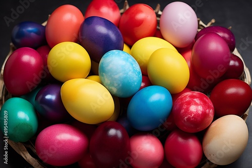 Colorful easter eggs. Background. pink. blue. red and yellow eggs.