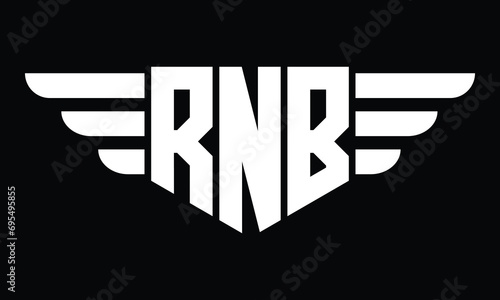 RNB three letter logo, creative wings shape logo design vector template. letter mark, wordmark, monogram symbol on black & white.	