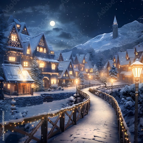 Illustration of a winter night in the village with lights and snow