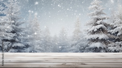 A wooden table in front of a snowy forest. Winter background with copy space. © tilialucida