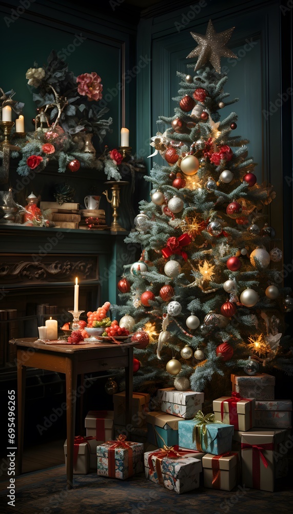 Christmas tree with presents and fireplace in dark room. 3d render