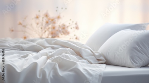 A bed with white sheets and pillows on it. Comfortable bed for good quality sleep. photo