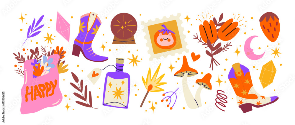 Cartoon groovy stickers set. 90s cute design. botanical elements,stars, boots, flowers. Halloween acid set Cartoon groovy stickers set. 90s cute design. botanical elements,stars, boots, flowers. Halloween acid set
