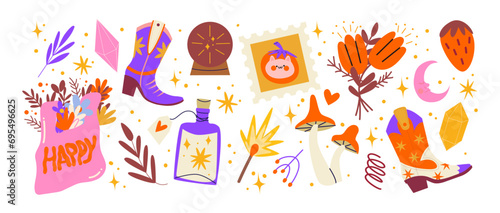 Wallpaper Mural Cartoon groovy stickers set. 90s cute design. botanical elements,stars, boots, flowers. Halloween acid set Torontodigital.ca