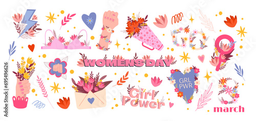 Set cartoon feminist stickers for March 8, International Women's Day. Stickers for the spring holiday, a bouquet of flowers, lipstick, girls power. Vector set