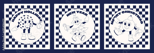 90s retro christmas cartoon characters. Trendy vintage poster. funny characters in doodle style, Christmas tree, gingerbread, magic ball. Vector illustration with typography elements	