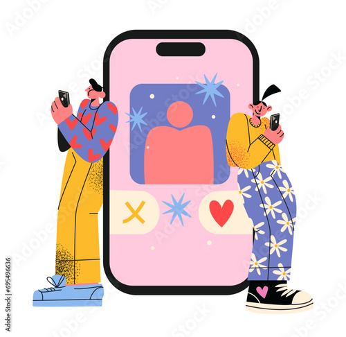 Cartoon characters online dating and virtual relationships. Smartphone with social networks, valentines day, relationships, love. Vector retro romantic illustration
