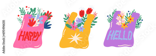 Cartoon stickers bouquets of flowers in a bag. Botanical elements, abstract shapes Vector groovy funky retro fanny stickers