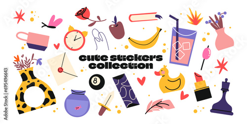 Cartoon groovy stickers set. 90s cute design. botanical elements,abstract,fruits, drinks, flowers. Retro acid shapes set 