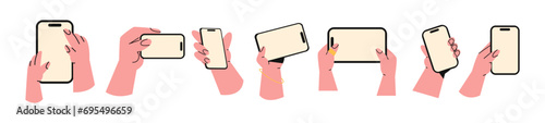 Cartoon hands holding smartphone mobile phone. People use applications, scroll through the feed, social networks, chats. Fingers press on the sensory sensor. Vector set
