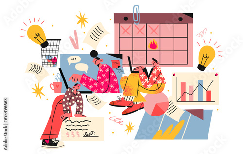Cartoon characters office workers, financial data, analytics. Geometric shapes, online worker concept with laptop in doodle style. Business team, business activity people