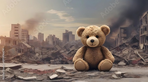 kids teddy bear toy over city burned destruction of an aftermath, earthquake or fire against children peace innocence as copyspace banner. generative ai 