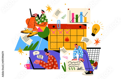 Cartoon characters office workers, financial data, analytics. Geometric shapes, online worker concept with laptop in doodle style. Business team, business activity people