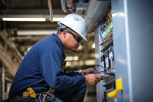 This professionally captured photo showcases the collaborative spirit and expertise of building technicians in construction or renovation projects. It captures a scene 