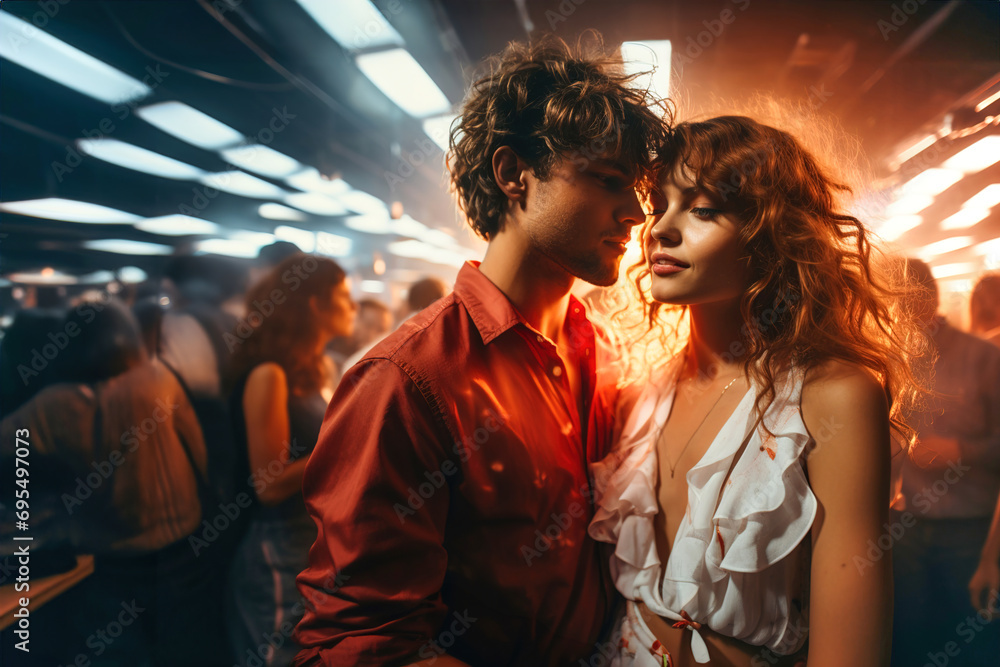 Young couple kissing in front of a crowd of people in disco club. Neon light on background. Valentine's day party. Young couple kissing in front of a crowd of people in disco club. Neon light on background. Valentine's day party.