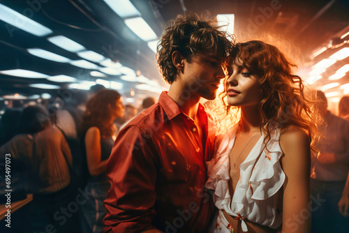 Young couple kissing in front of a crowd of people in disco club. Neon light on background. Valentine's day party. photo