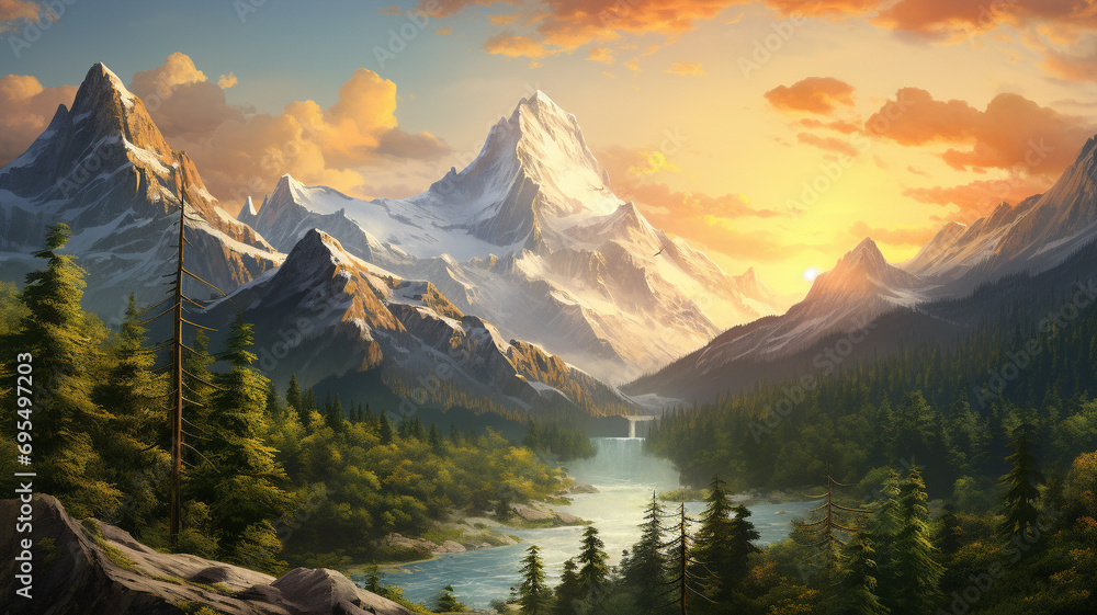 Majestic mountains bathed in the golden light of a summer sunset, creating a stunning and realistic natural landscape captured in high definition clarity. - obrazy, fototapety, plakaty 