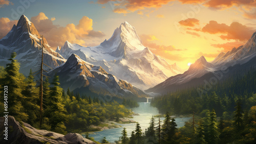 Majestic mountains bathed in the golden light of a summer sunset  creating a stunning and realistic natural landscape captured in high definition clarity.