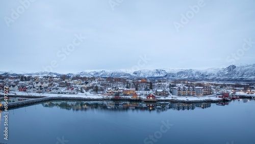 The blue hour in Brønnøysund town, in Nordland county photo