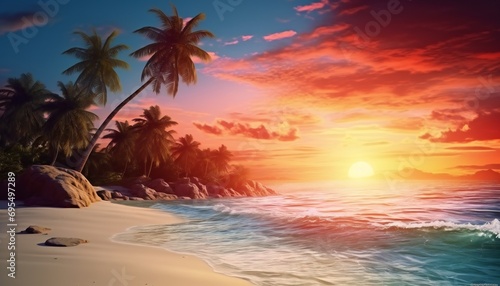 Beautiful sunset tropical beach with palm tree and orange sky. palm tree sea sand beach.
