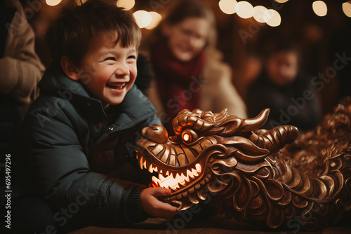 Chinese Family Celebrating the Chinese Lunar New Year 2024, Year of the Wooden Dragon with Exuberant Festivities and Traditional Dragon Dances photo