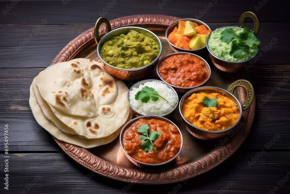 Assorted indian food on dark wooden background. Dishes and appetizers of indian cuisine.