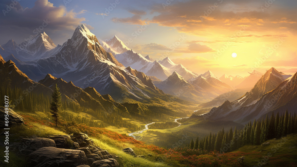 Majestic mountains surrounding a tranquil valley, bathed in the golden light of sunrise during the summer, creating a captivating and realistic natural landscape captured in high definition.