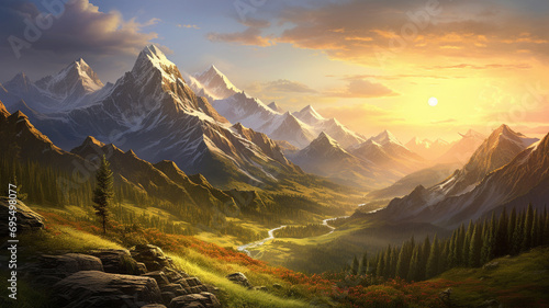 Majestic mountains surrounding a tranquil valley, bathed in the golden light of sunrise during the summer, creating a captivating and realistic natural landscape captured in high definition.