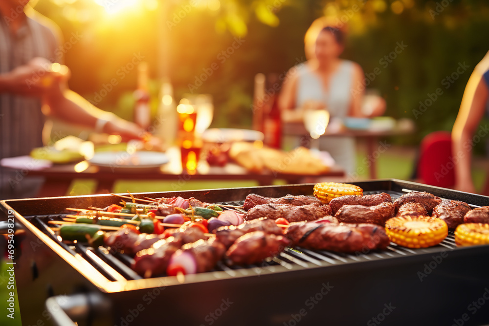 Group of friends having party outdoors. Focus on barbecue grill with food Group of friends having party outdoors. Focus on barbecue grill with food