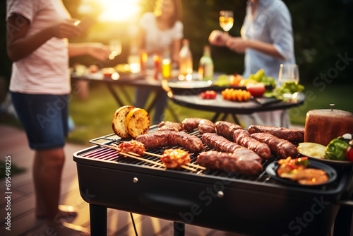 Group of friends having party outdoors. Focus on barbecue grill with food
