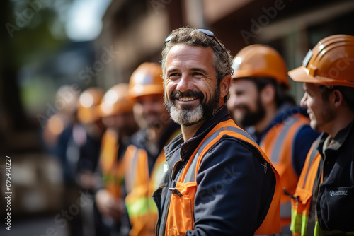 Happy smiling construction workers wearing working clothes and protective helmet