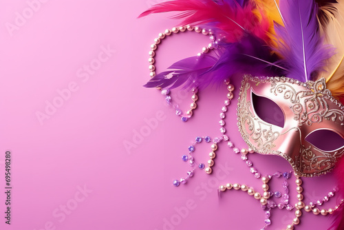 Mardi gras accessories flat lay on bright pink background, top view, copy space