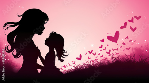 Silhouette von Mutter und Tochter umgeben von herzförmigen Liebe photo