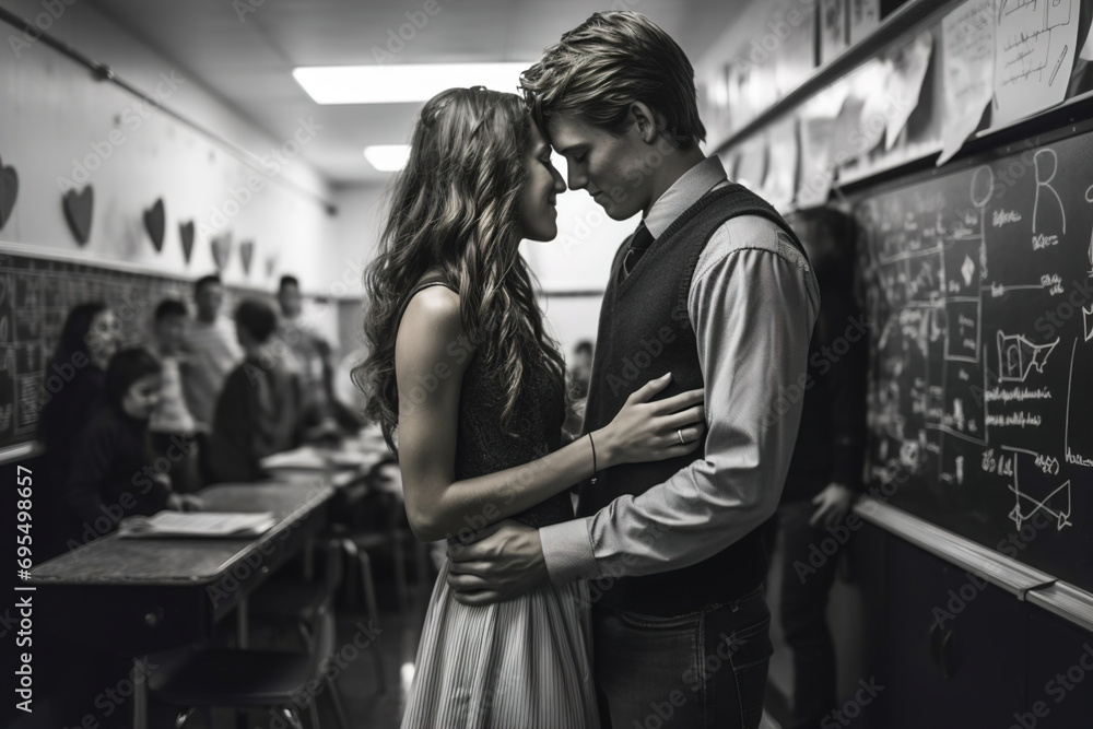 custom made wallpaper toronto digitalGirl and boy kissing in a classroom. Many students on background. Love in school concept. Valentine's day.